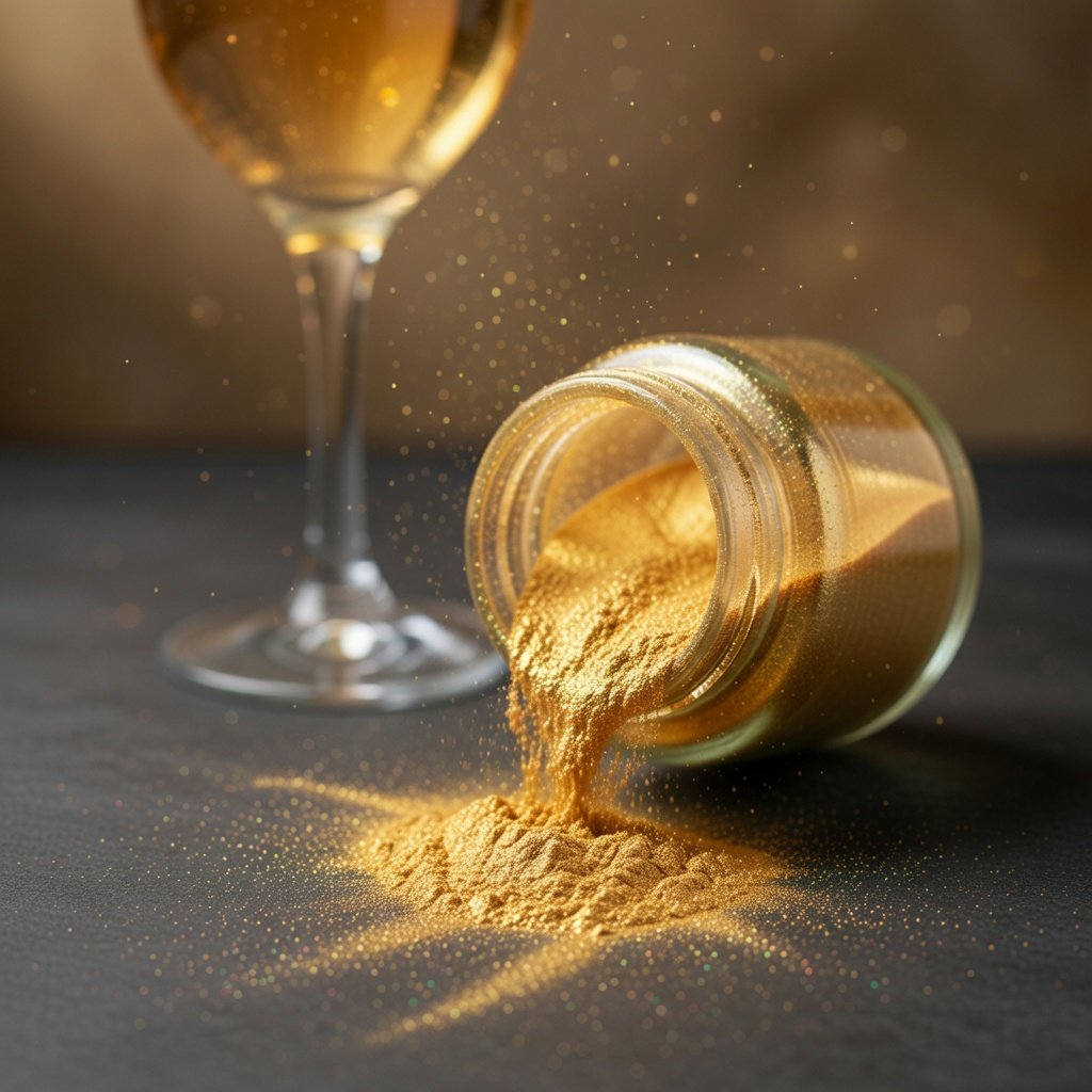 What is luster dust: gold edible luster dust tipped from a small jar onto a dark surface, with shimmer particles catching warm light