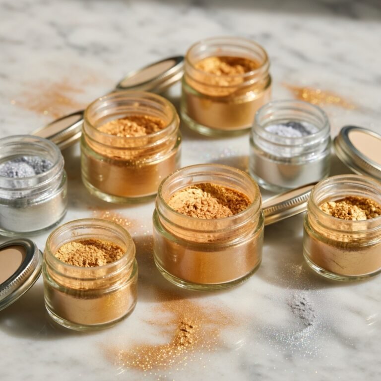 Where to buy edible glitter — multiple Luster Dust jars arranged on marble with gold and silver glitter dusting