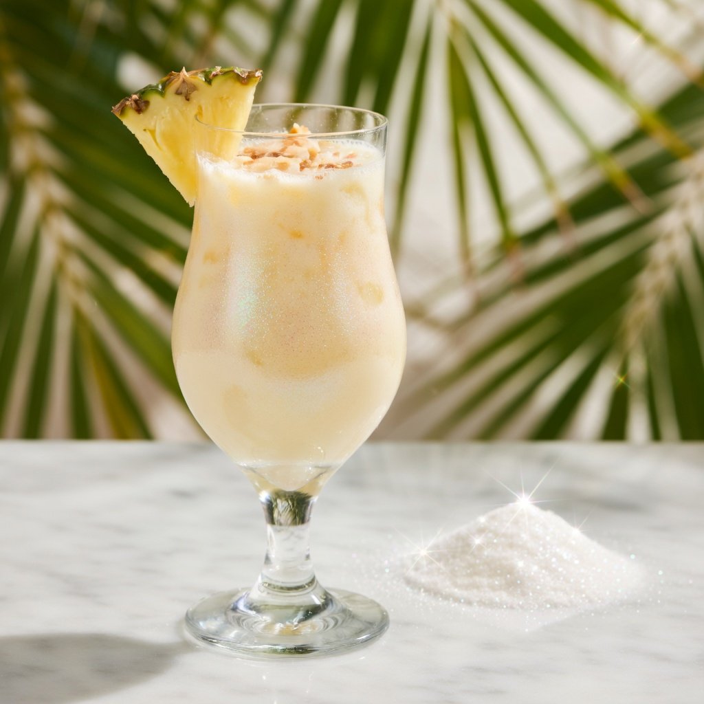 White edible glitter swirling through a creamy piña colada in a hurricane glass with pineapple and toasted coconut