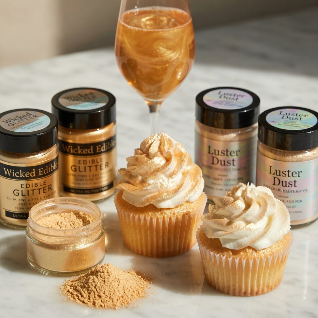 Wicked edible glitter jars beside Luster Dust products on marble, with shimmer-dusted cupcakes and a champagne glass showing the difference between edible glitters