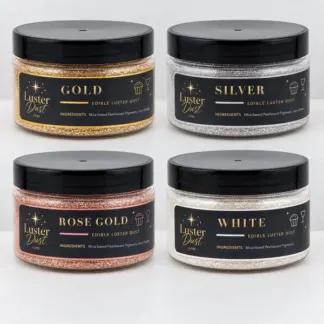 The Baker's Bundle edible luster dust 4-pack: four 50 g jars in gold, silver, rose gold and white