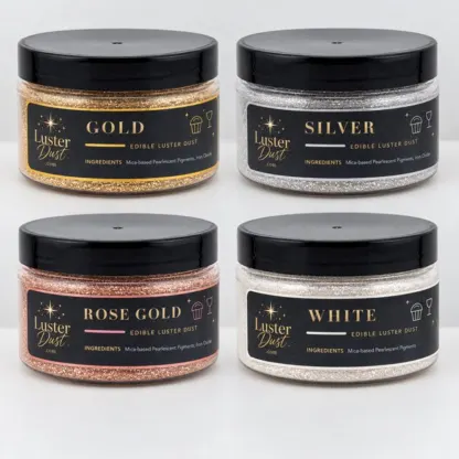 The Baker's Bundle edible luster dust 4-pack: four 50 g jars in gold, silver, rose gold and white
