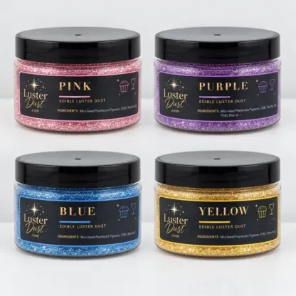Birthday Bash edible luster dust 4-pack: four 50 g jars in pink, purple, blue and yellow