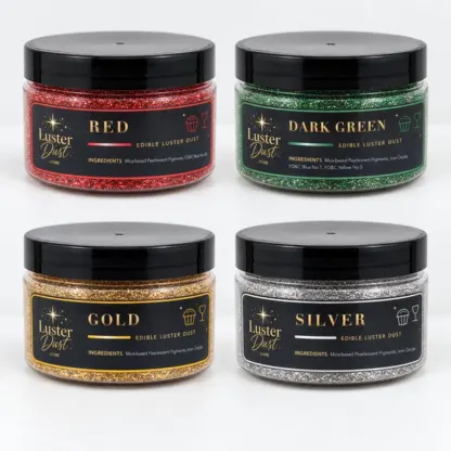Merry & Bright edible luster dust 4-pack: four 50 g jars in red, dark green, gold and silver
