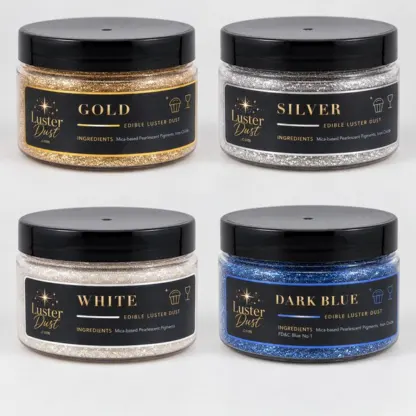 Midnight Toast edible luster dust 4-pack: four 50 g jars in gold, silver, white and dark blue