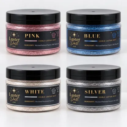 Oh Baby edible luster dust 4-pack: four 50 g jars in pink, blue, white and silver