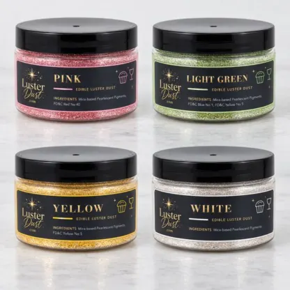 Spring Bloom edible luster dust 4-pack: four 50 g jars in pink, light green, yellow and white
