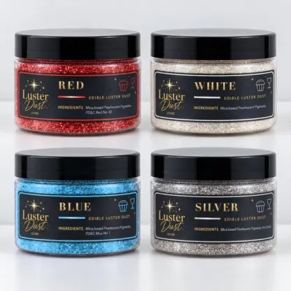 Stars & Stripes edible luster dust 4-pack: four 50 g jars in red, white, blue and silver
