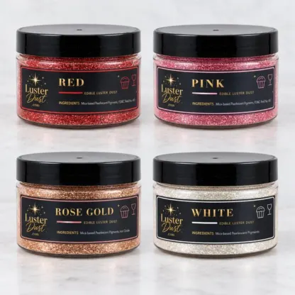 Sweetheart edible luster dust 4-pack: four 50 g jars in red, pink, rose gold and white