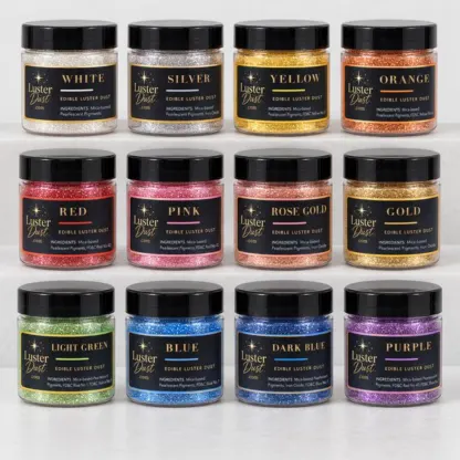 The Collection edible luster dust variety pack: twelve 10 g jars in gold, silver, rose gold, white, pink, red, orange, yellow, light green, blue, dark blue and purple