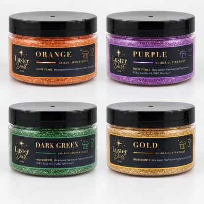 Trick or Treat edible luster dust 4-pack: four 50 g jars in orange, purple, dark green and gold